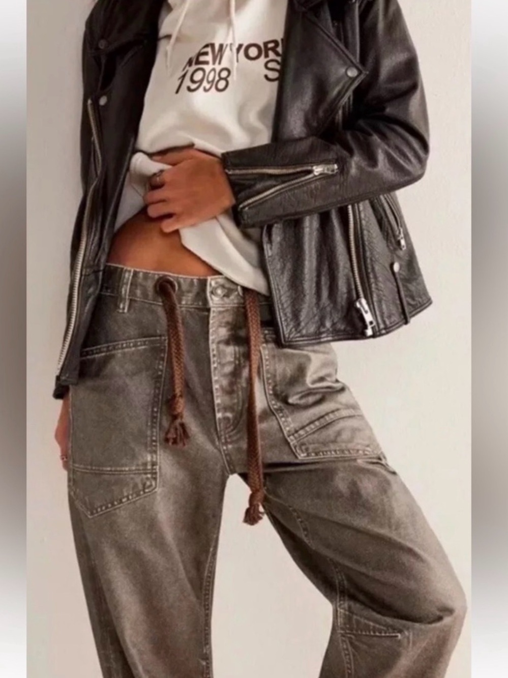 NWOT FP We The Free Metallic Moxie Pull On Barrel Jeans in Haki Carbon